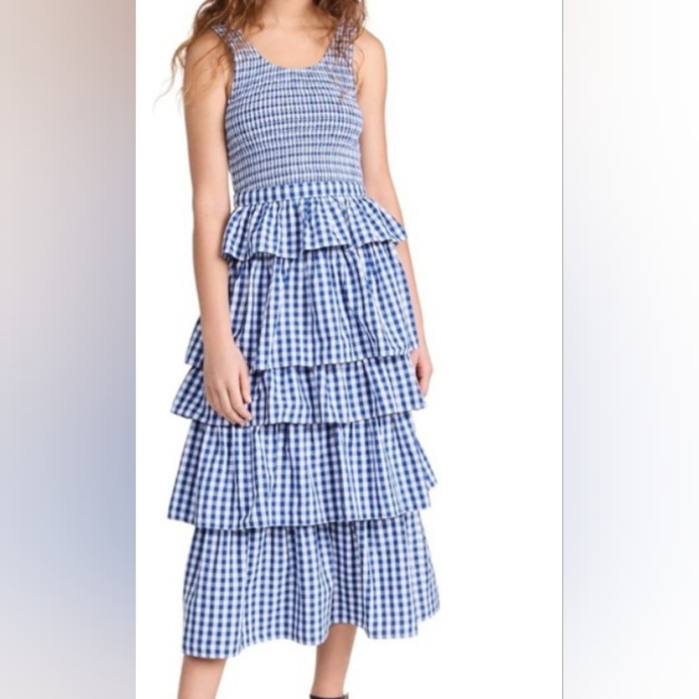 RHODE Nia Blue Checkered Tiered Dress